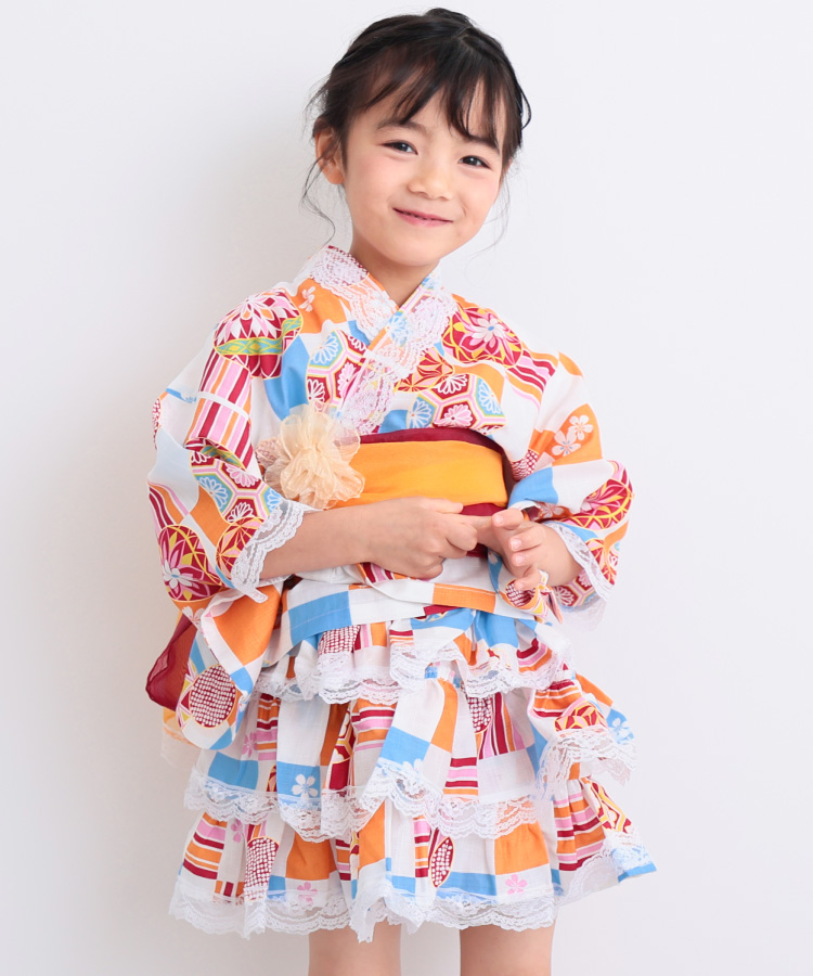 浴衣 子供 セパレート 女の子 浴衣ドレス 4点セット フリル付き 帯2本