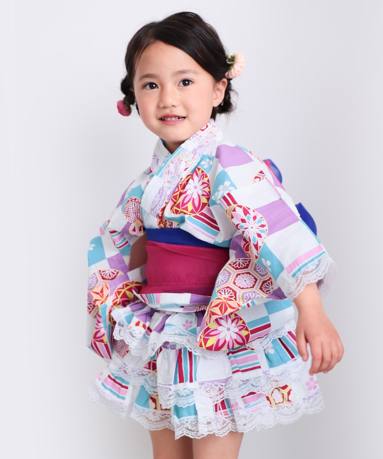 浴衣 子供 セパレート 女の子 浴衣ドレス 4点セット フリル付き 帯2本