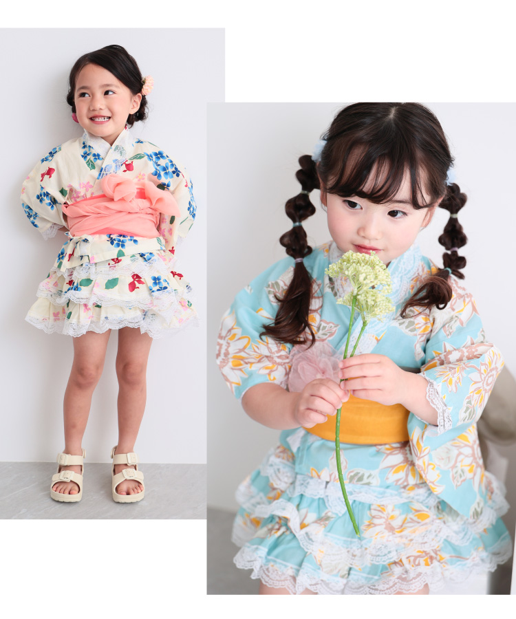 浴衣 子供 セパレート 女の子 浴衣ドレス 4点セット フリル付き 帯2本 綿100％ キッズ 甚平 幼児 保育園 幼稚園 ゆかた 市松 手毬 八重桜 紫陽花 アジサイ 向日葵 ひまわり ヒマワリ マリン 縞 夏 夏祭り 愛々 Ai-Ai