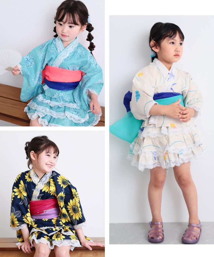 浴衣 子供 セパレート 女の子 浴衣ドレス 4点セット フリル付き 帯2本 綿100％ キッズ 甚平 幼児 保育園 幼稚園 ゆかた 市松 手毬 八重桜 紫陽花 アジサイ 向日葵 ひまわり ヒマワリ マリン 縞 夏 夏祭り 愛々 Ai-Ai