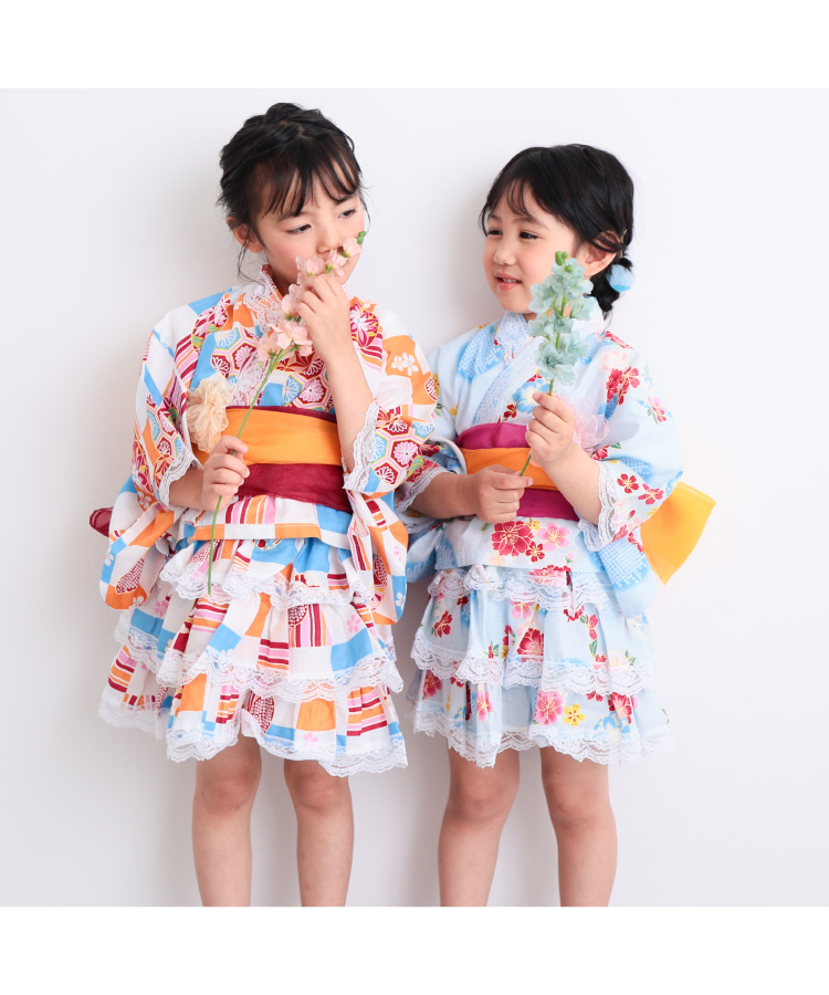 浴衣 子供 セパレート 女の子 浴衣ドレス 4点セット フリル付き 帯2本