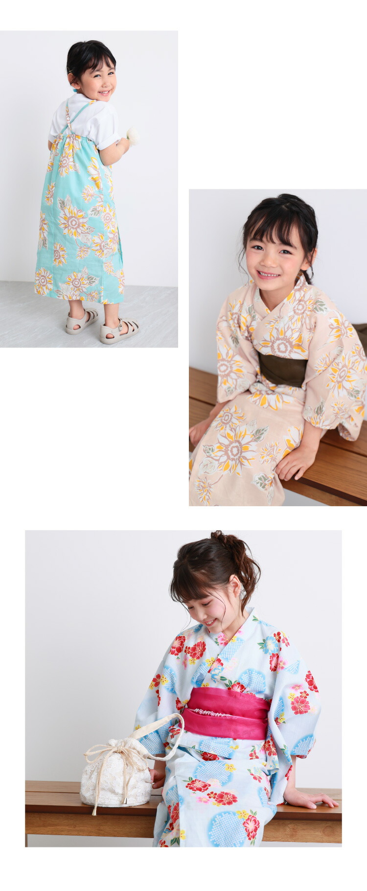 浴衣 子供 セパレート ワンピース 女の子 110 120 130 140 綿100％ キッズ 子供 3点セット 上衣 ワンピース 兵児帯 浴衣セット ジュニア かわいい 市松 手毬 八重桜 紫陽花 アジサイ 花柄 向日葵 ひまわり ヒマワリ マリン 縞 愛々