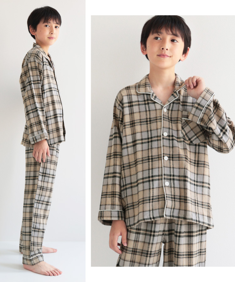 パジャマ キッズ 長袖 男の子 冬 140 150 160 サイズ 綿100％ 前開き 秋 ネル 起毛 テーラー襟 ストライプ柄 チェック柄 ルームウェア 子供 男児 かっこいい 小学生 中学生