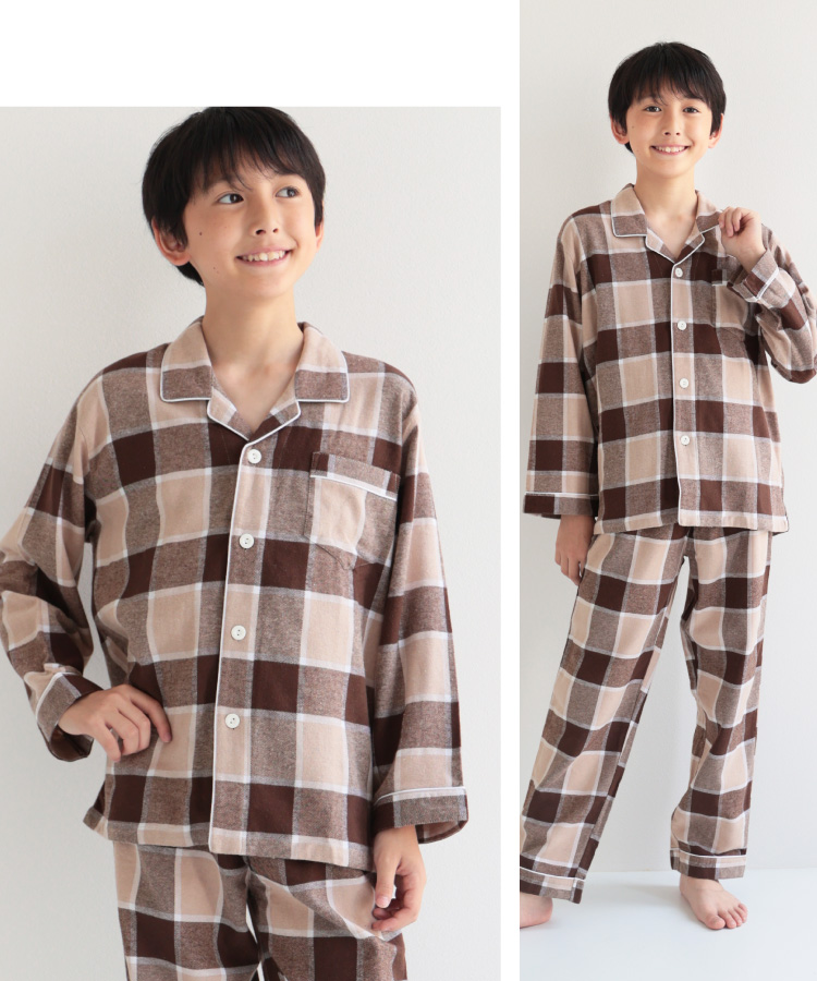 パジャマ キッズ 長袖 男の子 冬 140 150 160 サイズ 綿100％ 前開き 秋 ネル 起毛 テーラー襟 ストライプ柄 チェック柄 ルームウェア 子供 男児 かっこいい 小学生 中学生