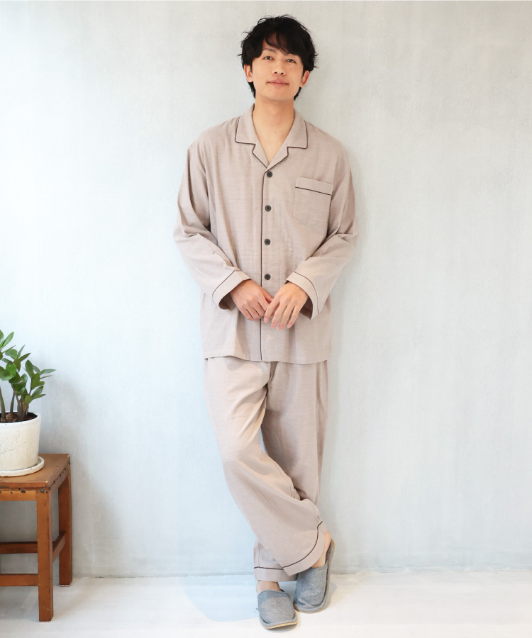 パジャマ メンズ 綿100％ 前開き 長袖 夏用長袖 秋 春 ダブル ガーゼ ルームウェア テーラー...