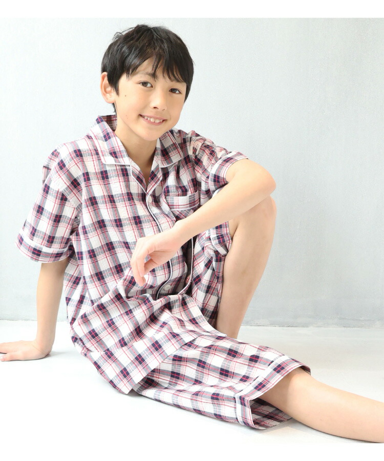 ジュニア パジャマ 男の子 半袖  前開き 夏 綿100％ 140 150 160 サッカー素材 テーラー襟 キッズ ストライプ 無地 子供 男児 小学生 中学生 キャラLOVE