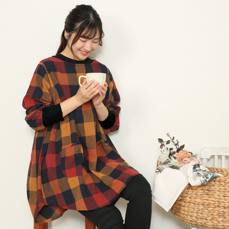 割烹着 かわいい ロング かっぽう着 おしゃれ 綿100％ オーバーサイズ タブリエ リブ袖 かぶり チェック柄 格子 レディース エプロン スモック 保育士 介護士 母の日 プレゼント 給食 学校 Ｍ〜L サイズ