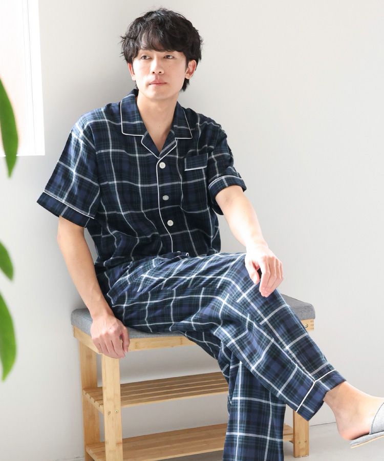 パジャマ メンズ 綿100％ 前開き 半袖 春 夏 ダブルガーゼ 2重ガーゼ