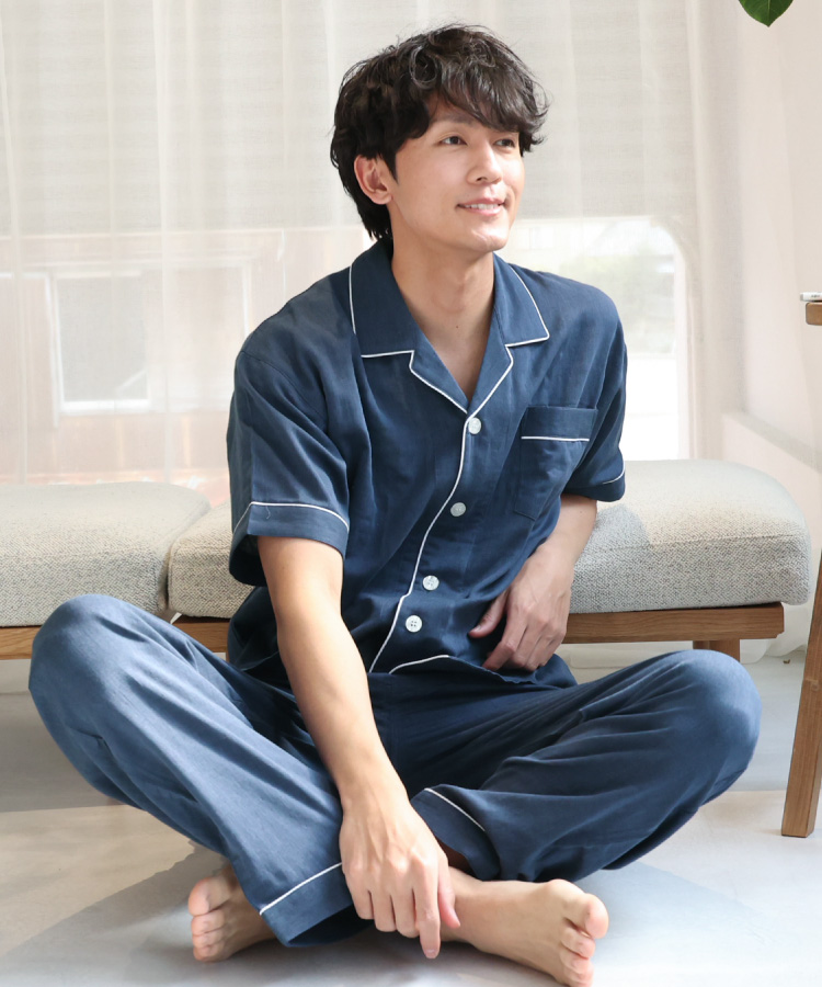 パジャマ メンズ 綿100％ 前開き 半袖 春 夏 ダブルガーゼ 2重ガーゼ
