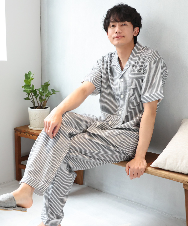 パジャマ メンズ 綿100％ 前開き 半袖 春 夏 ダブルガーゼ 2重ガーゼ
