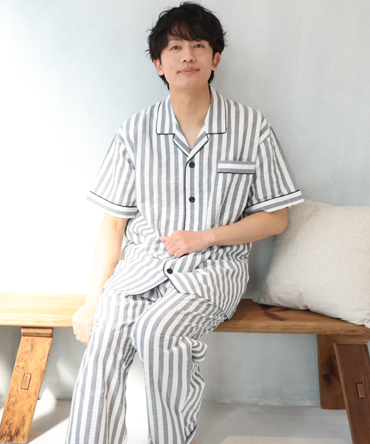 パジャマ メンズ サッカー生地 半袖 長パンツ 綿100% 夏用 前開き 男性