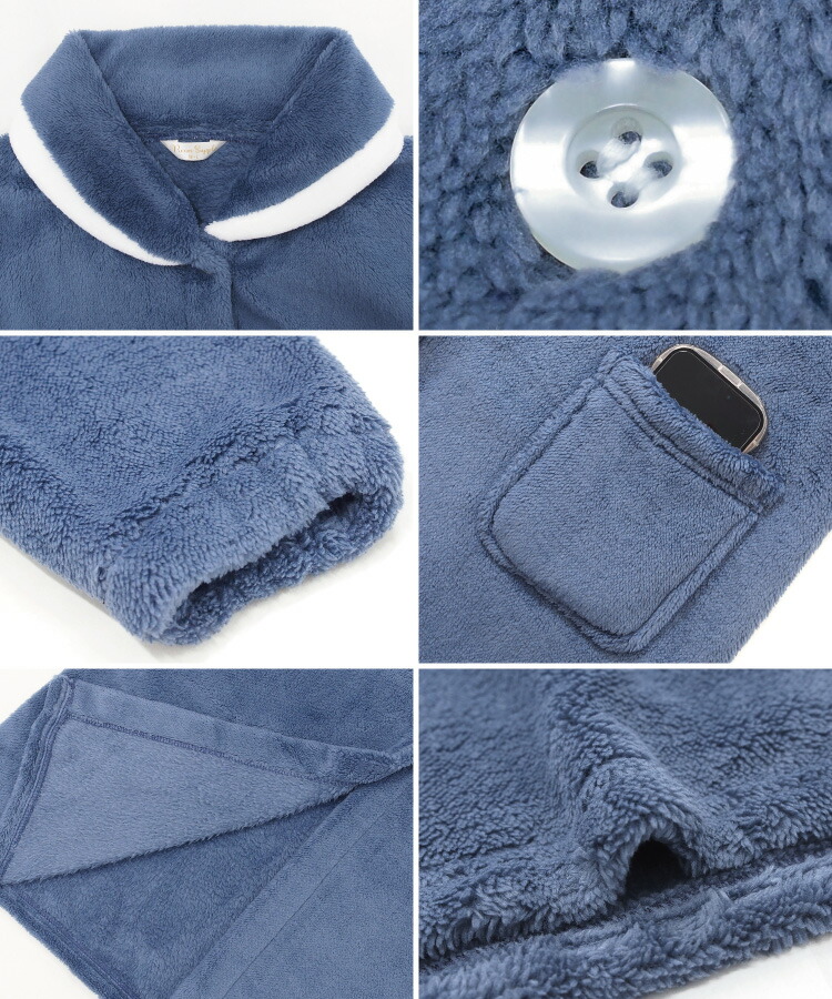 ルームウェア もこもこ 冬 ワンピース パジャマ レディース 冬 かわいい 着る毛布 ガウン 長袖 前開き ロング マイクロファー ネグリジェ 袖口ゴム ボーダー ショール襟 ふわもこ 入院 産後 マタニティ