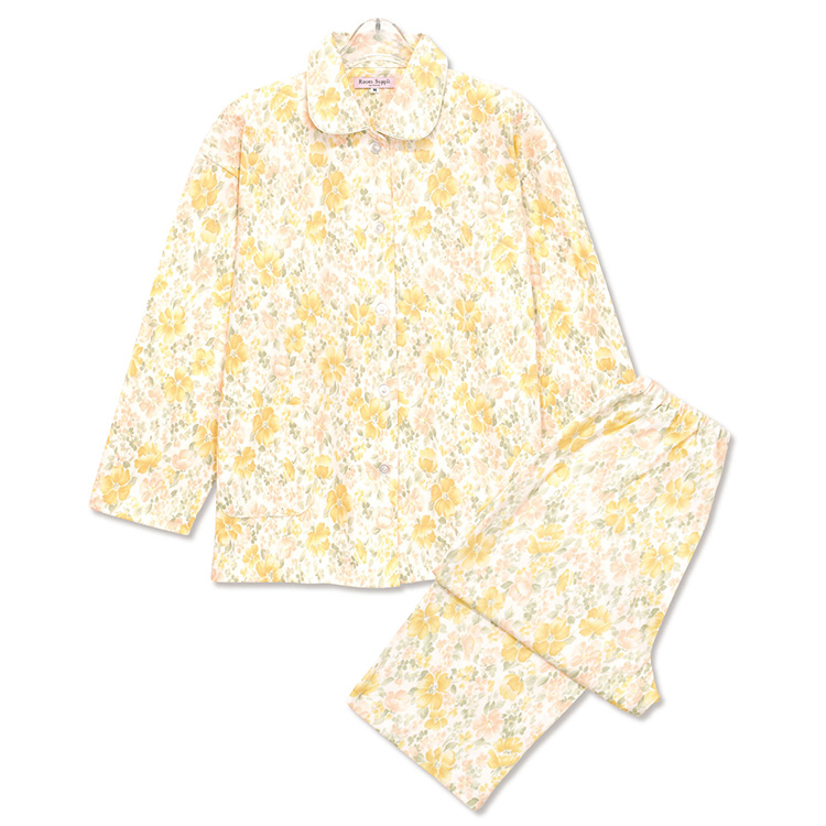 婦人用綿１００日本製花柄パジャマ黄色Ｌ - パジャマ