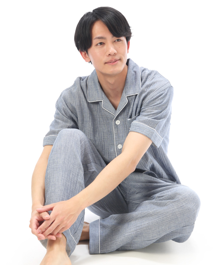 パジャマ メンズ 綿100％ 前開き 半袖 春 夏 ダブルガーゼ