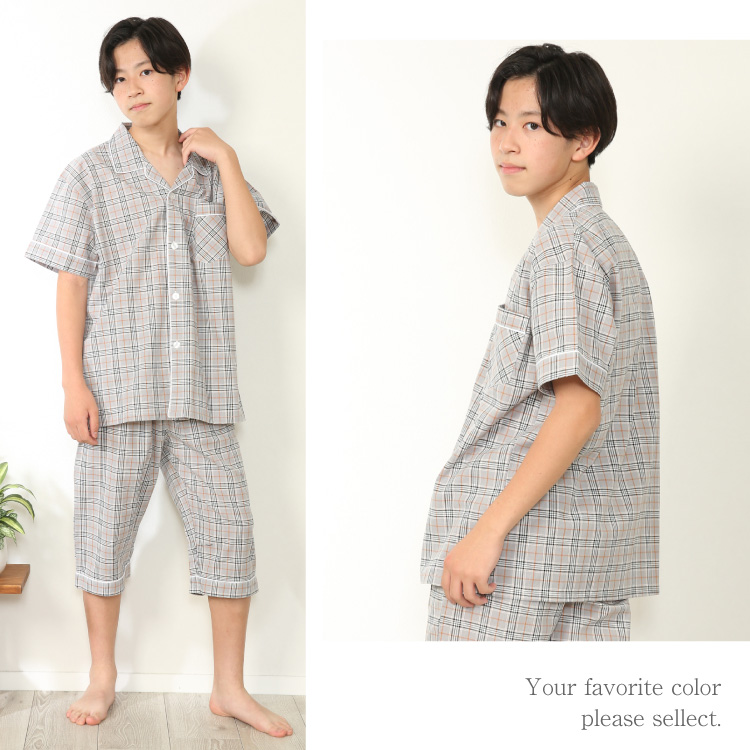ジュニア パジャマ 男の子 半袖  前開き 夏 綿100％ 140 150 160 ドビー素材 キッズ チェック ハーフ丈パンツ ポケット付き 子供 男児 小学生 中学生