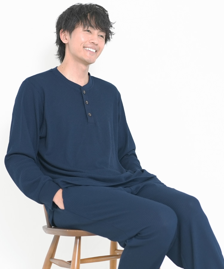 食品・日用品 半額ストア 春 秋 長袖 メンズ パジャマ ワッフル生地 ヘンリー かぶり 服&ファッション小物
