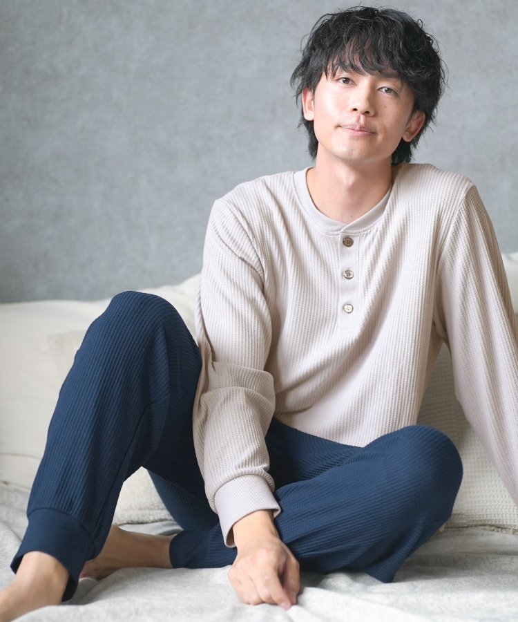 パジャマ メンズ 長袖 秋 春 ワッフル生地 かぶり ヘンリー