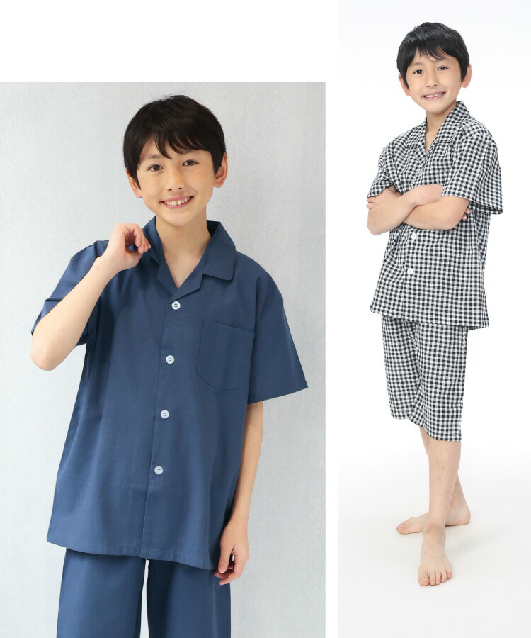 パジャマ 半袖 キッズ 男の子 ジュニア 綿100％ 前開き 夏 ルームウェア 130 140 150 160 ドビー素材 上下セット ストライプ チェック 無地 子供 男児 小学生 中学生 Genius.jr ジーニアスジュニア