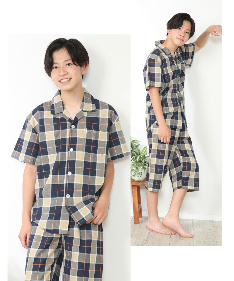 パジャマ 半袖 キッズ 男の子 ジュニア 綿100％ 前開き 夏 ルームウェア 130 140 150 160 ドビー素材 上下セット ストライプ チェック 無地 子供 男児 小学生 中学生 Genius.jr ジーニアスジュニア