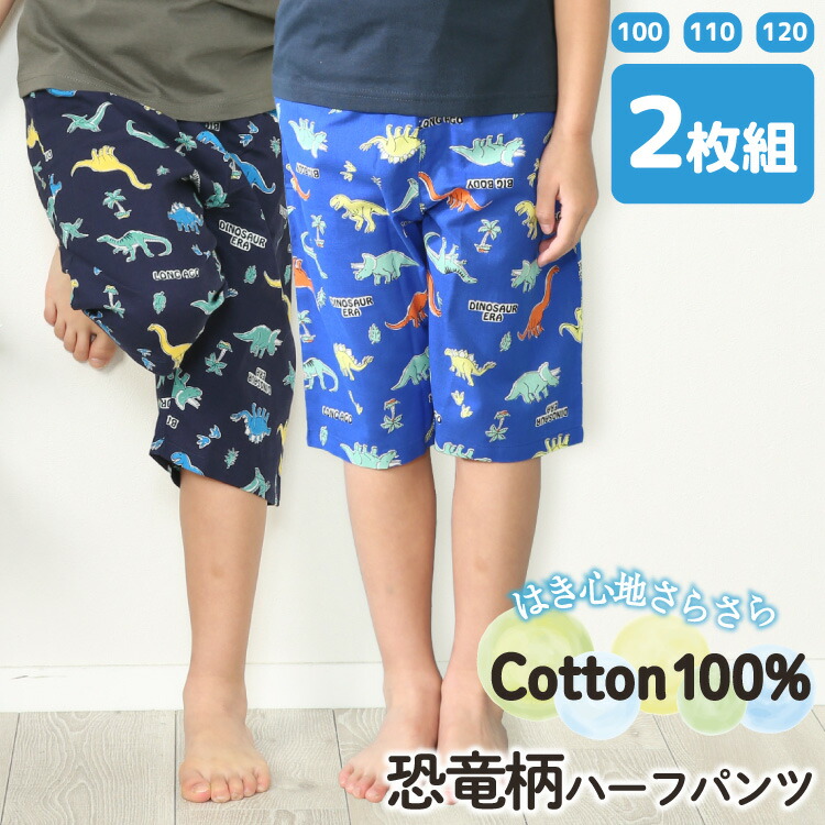 2枚セット ルームパンツ キッズ 男の子 綿100％ ステテコ 子供 夏 パジャマ 恐竜  総柄 パンツのみ ハーフパンツ すててこ 100 110 120 部屋着 薄手 ルームウェア 速乾 涼しい ボトムス 2枚組