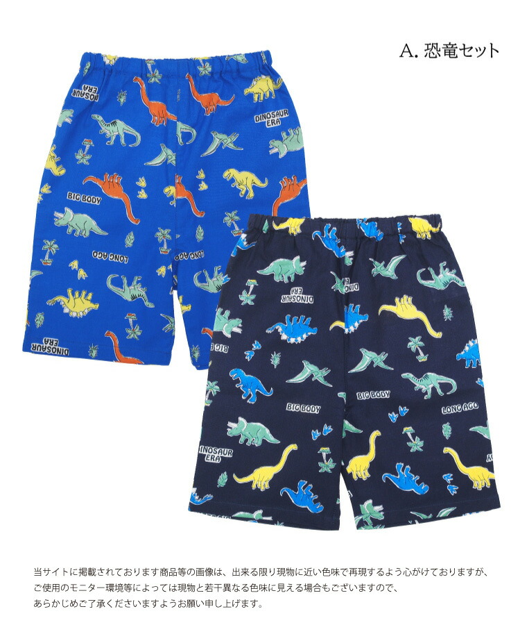 2枚セット ルームパンツ キッズ 男の子 綿100％ ステテコ 子供 夏 パジャマ 恐竜  総柄 パンツのみ ハーフパンツ すててこ 100 110 120 部屋着 薄手 ルームウェア 速乾 涼しい ボトムス 2枚組