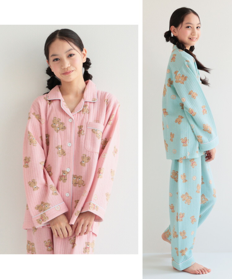 パジャマ キッズ 長袖 薄手 女の子 前開き ソフトキルト 綿100％ 女の子 秋 冬 140 150 160 キルトニット 前開き くま クマ ユニコーン アイス 総柄 ルームウェア 子供 女児 小学生 中学生 修学旅行 かわいい おしゃれ