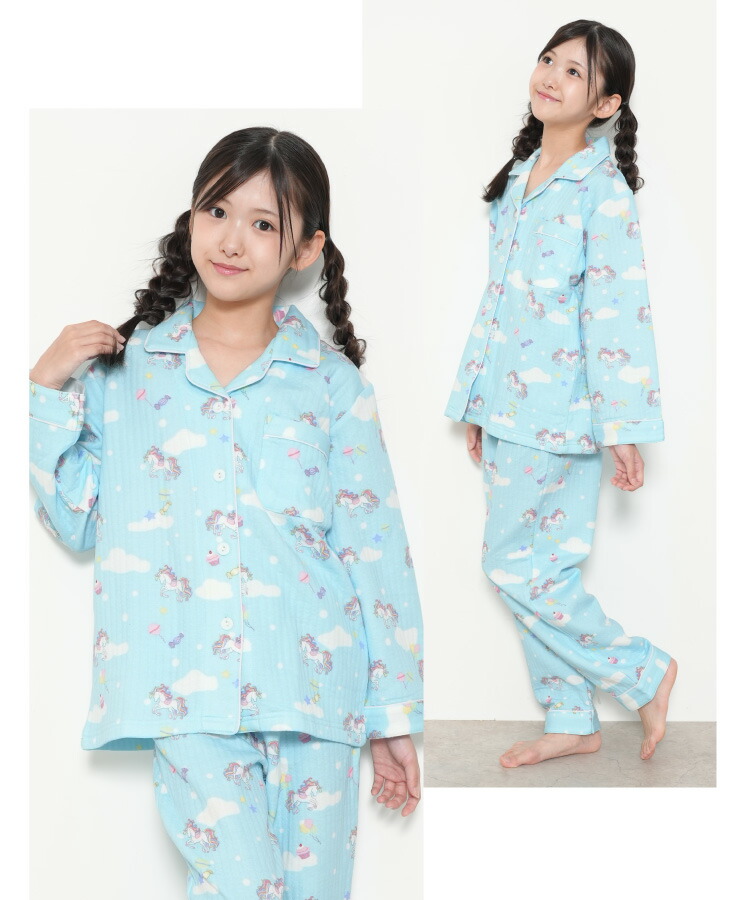 パジャマ キッズ 長袖 薄手 女の子 前開き ソフトキルト 綿100％ 女の子 秋 冬 140 150 160 キルトニット 前開き くま クマ ユニコーン アイス 総柄 ルームウェア 子供 女児 小学生 中学生 修学旅行 かわいい おしゃれ