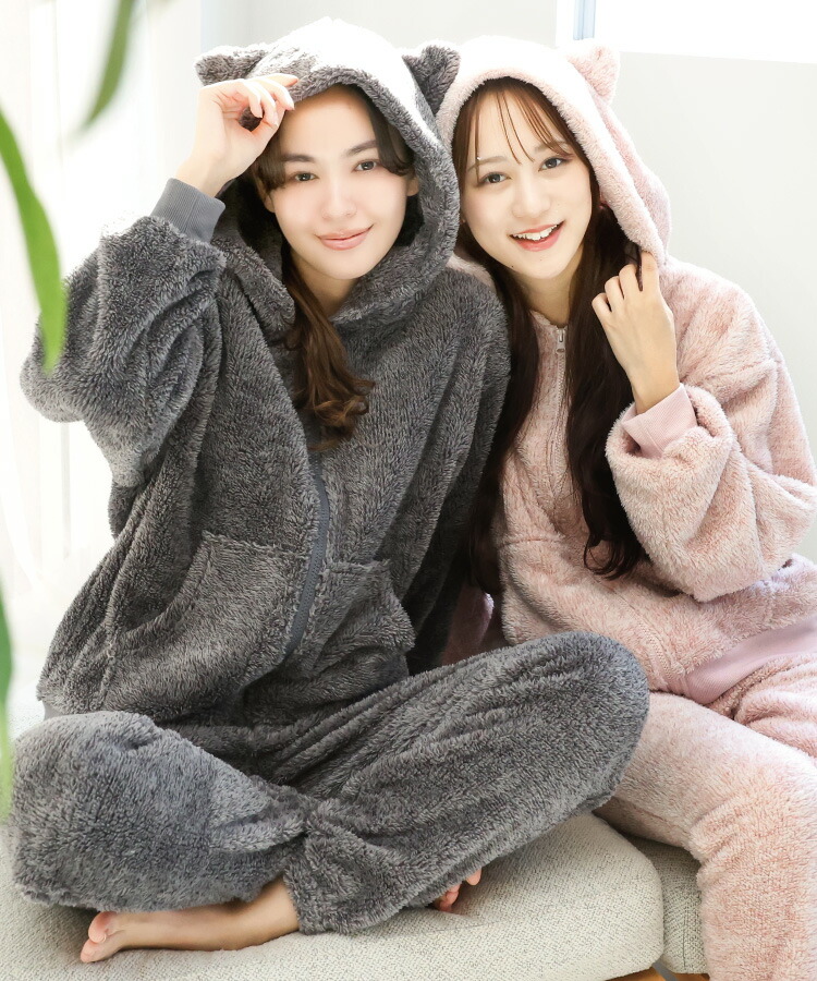 パジャマ レディース 冬 冬用 暖かい もこもこ 長袖 ルームウェア メランジボア かぶり 前開き くま 猫耳 ネコ 大人用 かわいい あったか モコモコ ふわふわ 部屋着 M〜L LL 2L 大きいサイズ ルームサプリ Room suppli