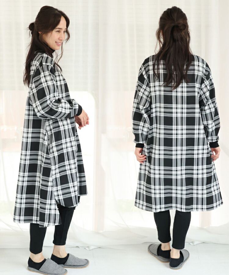 割烹着 おしゃれ かっぽう着 ロング かわいい 前開き スモック かわいい レディース チェック リブ袖 ルームウェア アウター風 ポケット付き 保育士 介護士 給食 学校 家事 Ｍ〜Ｌサイズ