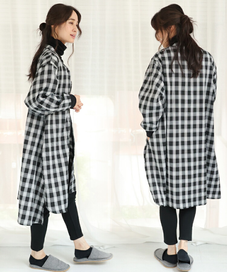 割烹着 おしゃれ かっぽう着 ロング かわいい 前開き スモック かわいい レディース チェック リブ袖 ルームウェア アウター風 ポケット付き 保育士 介護士 給食 学校 家事 Ｍ〜Ｌサイズ