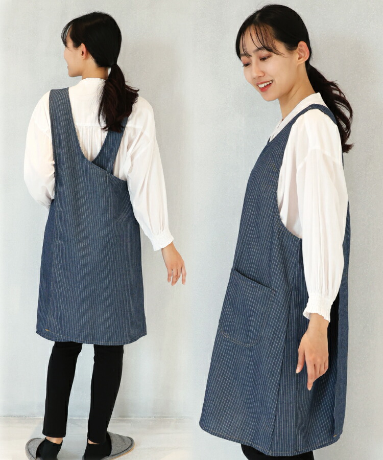 かぶるだけ エプロン おしゃれ かわいい レディース デニム フリークロス ワンピース エプロン ロング丈 無地 ヒッコリー 体型カバー 介護士 保育士 母の日 プレゼント ギフト