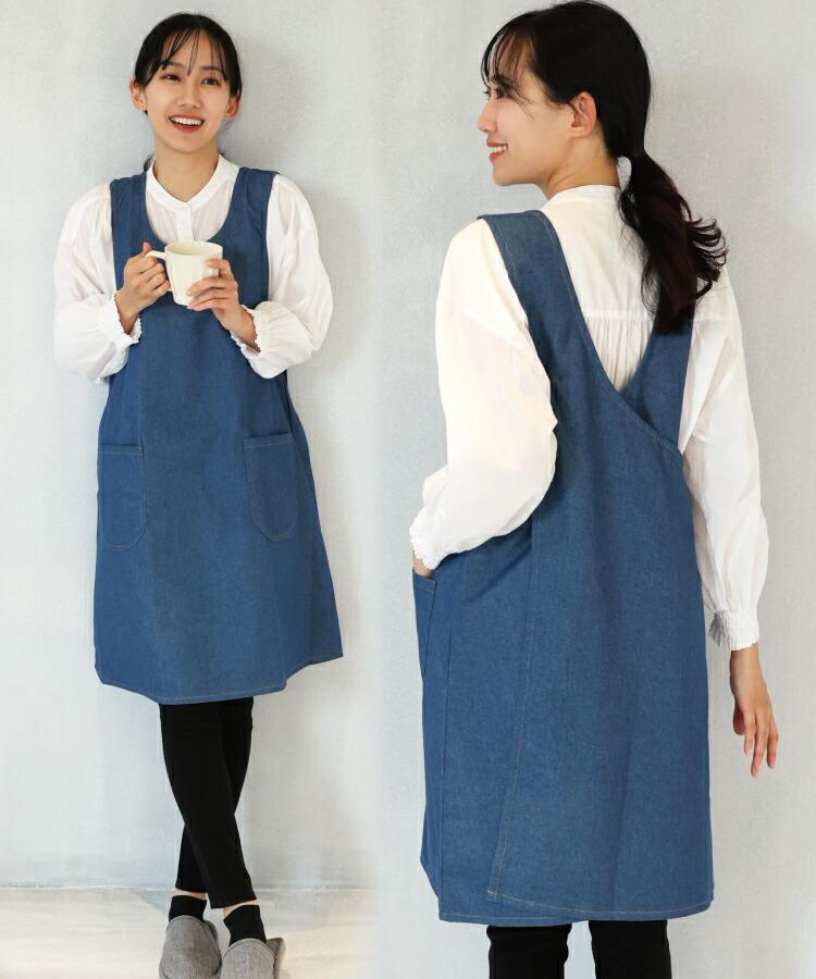 かぶるだけ エプロン おしゃれ かわいい レディース デニム フリークロス ワンピース エプロン ロング丈 無地 ヒッコリー 体型カバー 介護士 保育士 母の日 プレゼント ギフト
