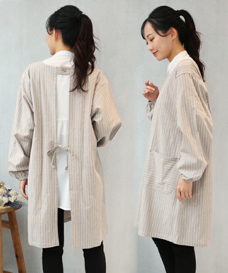 割烹着 おしゃれ かっぽうぎ かっぽう着 綿100％ 春 秋 90丈 かわいい レディース スモック 無地 ストライプ チェック ルームウェア 保育士 介護士 給食 学校 家事 Ｍ〜Ｌ