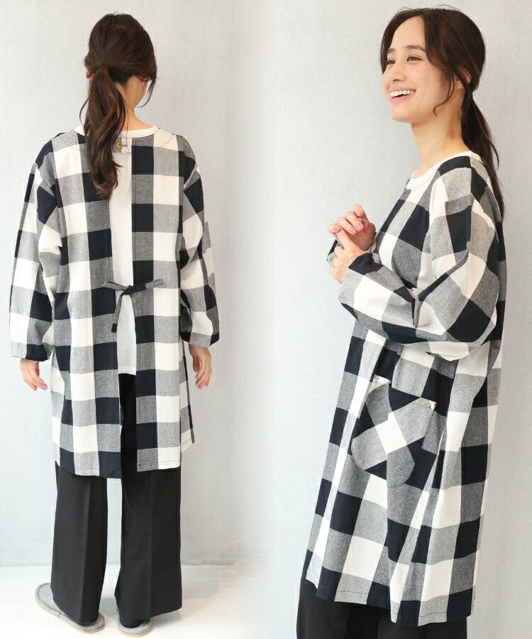 割烹着 おしゃれ かっぽうぎ かっぽう着 保育士 綿100％ コットン かわいい 秋 春 90丈 レディース スモック 無地 ストライプ チェック シンプル ルームウェア ポケット付き 介護士 看護師 給食 学校 家事 Ｍ〜Ｌサイズ