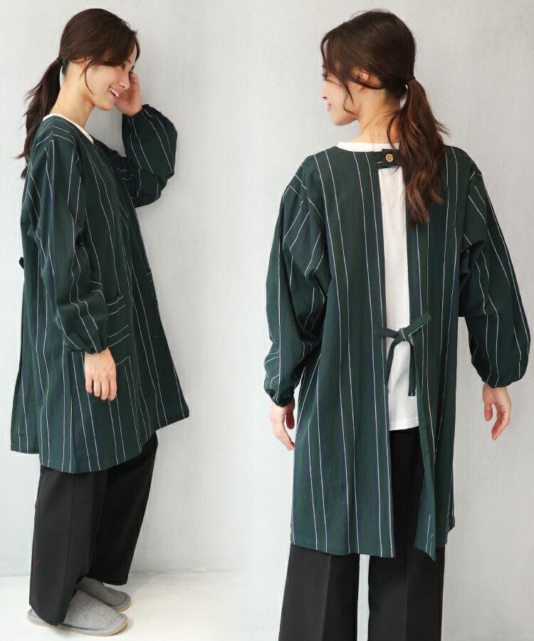 割烹着 おしゃれ かっぽうぎ かっぽう着 保育士 綿100％ コットン かわいい 秋 春 90丈 レディース スモック 無地 ストライプ チェック シンプル ルームウェア ポケット付き 介護士 看護師 給食 学校 家事 Ｍ〜Ｌサイズ