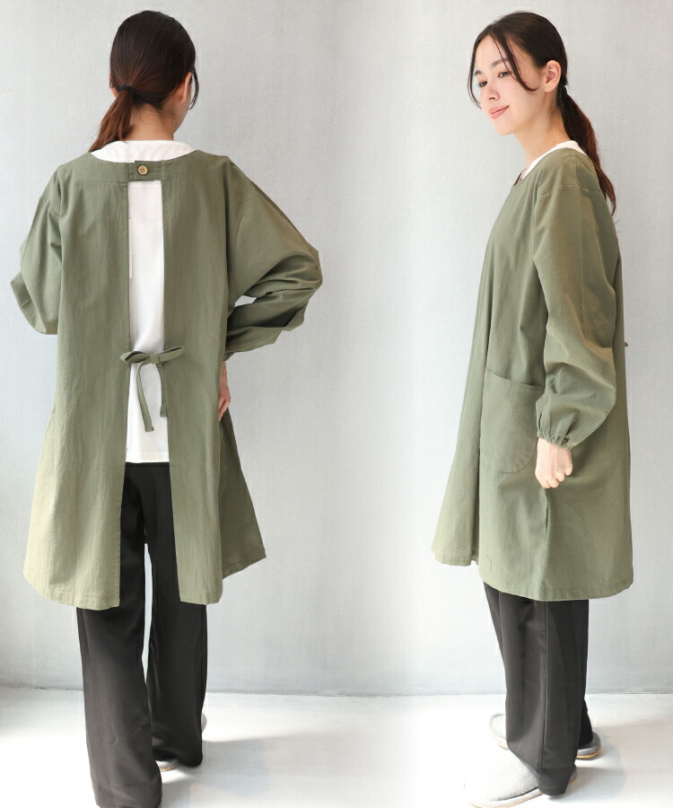 割烹着 おしゃれ かっぽうぎ かっぽう着 保育士 綿100％ コットン かわいい 秋 春 90丈 レディース スモック 無地 ストライプ チェック シンプル ルームウェア ポケット付き 介護士 看護師 給食 学校 家事 Ｍ〜Ｌサイズ