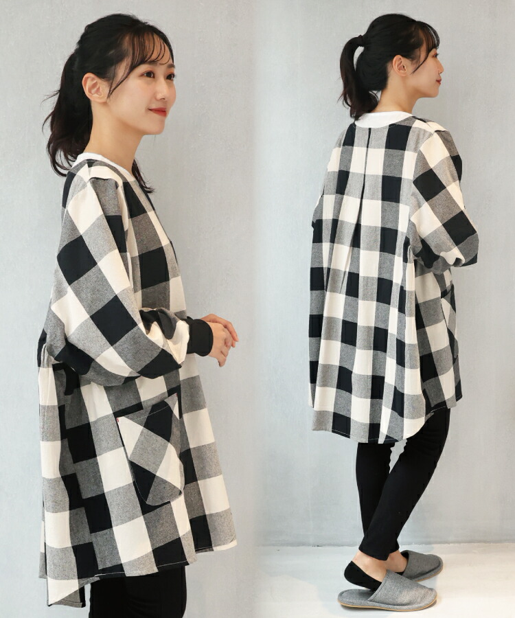 割烹着 おしゃれ かっぽう着 綿100％ コットン リブ付き タブリエ ウェア ウエアタイプ かわいい レディース スモック オーバーサイズ 体型カバー 無地 チェック ルームウェア 保育士  Ｍ〜Ｌ