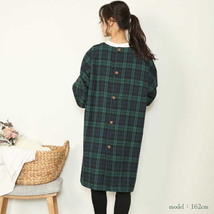 割烹着 保育士 チェック かわいい ロング かっぽう着 おしゃれ 微起毛 オーバーサイズ かぶり かぶるだけ 背中側ボタン 全開 長い レディース エプロン スモック 袖口ゴム入り 介護士 看護師 母の日 プレゼント 給食 学校 Ｍ〜L サイズ