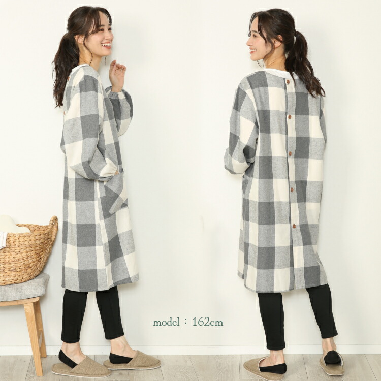 割烹着 保育士 チェック かわいい ロング かっぽう着 おしゃれ 微起毛 オーバーサイズ かぶり かぶるだけ 背中側ボタン 全開 長い レディース エプロン スモック 袖口ゴム入り 介護士 看護師 母の日 プレゼント 給食 学校 Ｍ〜L サイズ