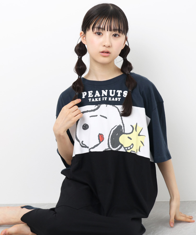 未使用 ジェラピケ スヌーピー コラボ ボーダー ワンピース ルームウェア 半袖 SNOOPY（スヌーピー） ワンピース ルームウェア パジャマ 半袖 五分袖