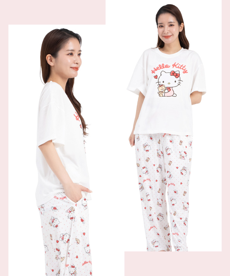 パジャマ レディース かわいい 半袖 ルームウェア パウダーストレッチ 夏 セットアップ 上下セット 部屋着 サンリオ キティ シナモロール クロミ キャラクター 大人用 高校生 中学生 Ｍ Ｌsazac サザック