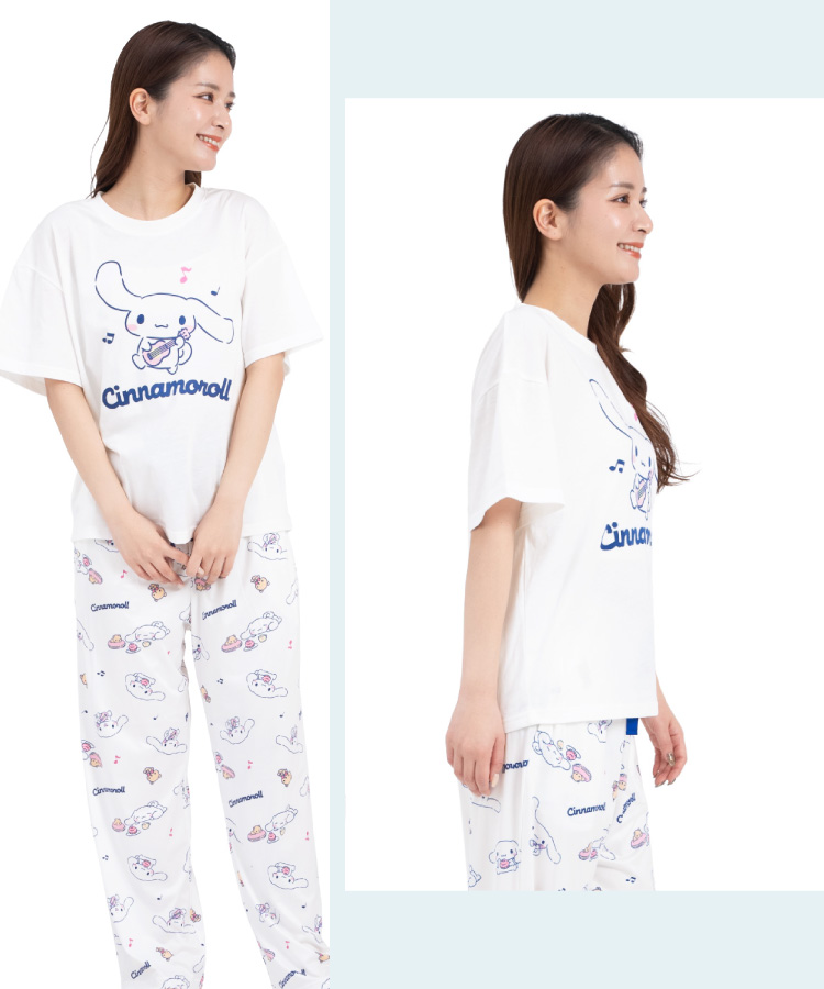 パジャマ レディース かわいい 半袖 ルームウェア パウダーストレッチ 夏 セットアップ 上下セット 部屋着 サンリオ キティ シナモロール クロミ キャラクター 大人用 高校生 中学生 Ｍ Ｌsazac サザック