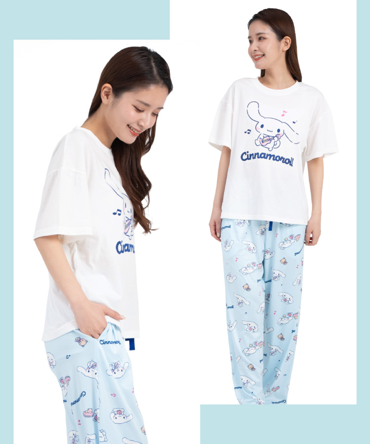 パジャマ レディース かわいい 半袖 ルームウェア パウダーストレッチ 夏 セットアップ 上下セット 部屋着 サンリオ キティ シナモロール クロミ キャラクター 大人用 高校生 中学生 Ｍ Ｌsazac サザック