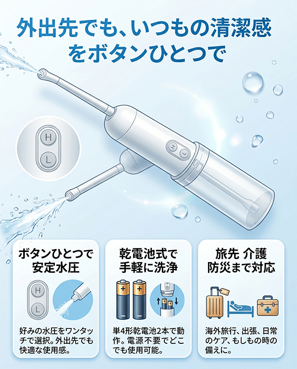 携帯ウォッシュレット 電動 IPX6防水 2段階水圧 140ml 収納袋付き 旅行