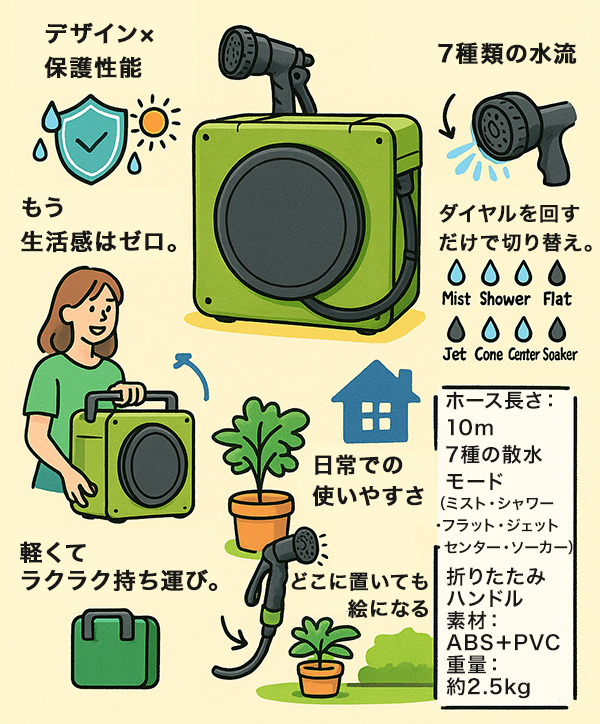 ホース ホースリール 10m フルカバー 散水 7パターン ガーデニング