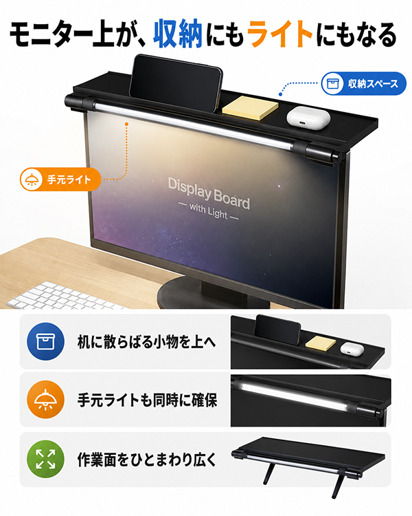 モニター上収納 ライト付き ディスプレイボード 小物置き 回転式ライト