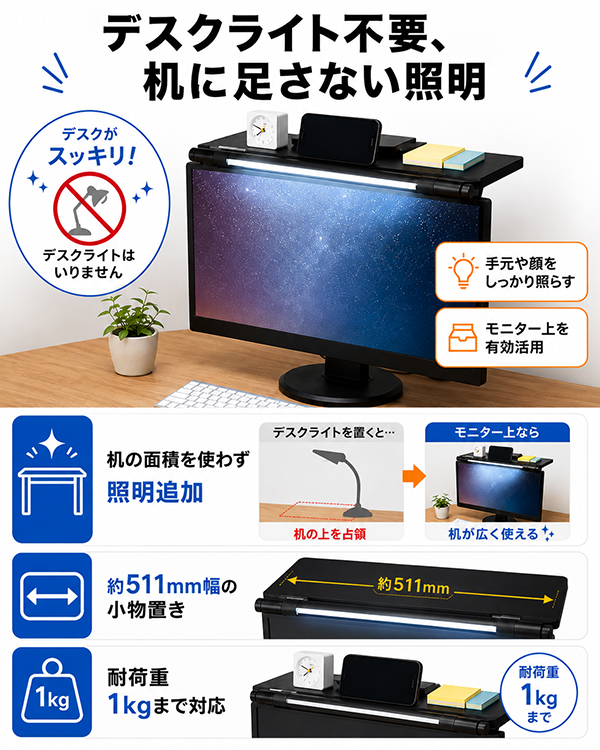 モニター上収納 ライト付き ディスプレイボード 小物置き 回転式ライト