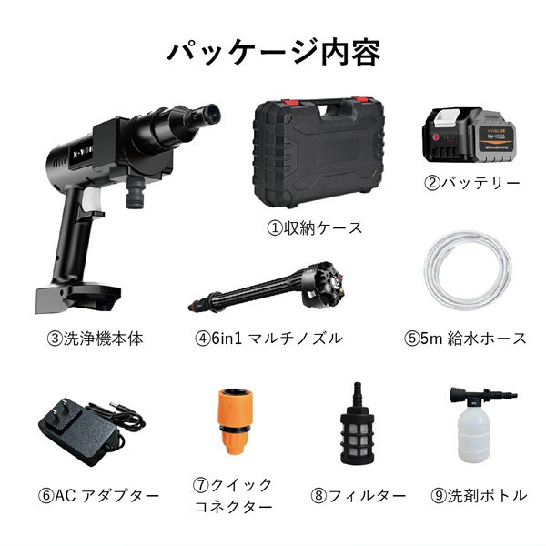高圧洗浄機 充電式 モバイル高圧洗浄機 9点セット どこでも使える 6in1