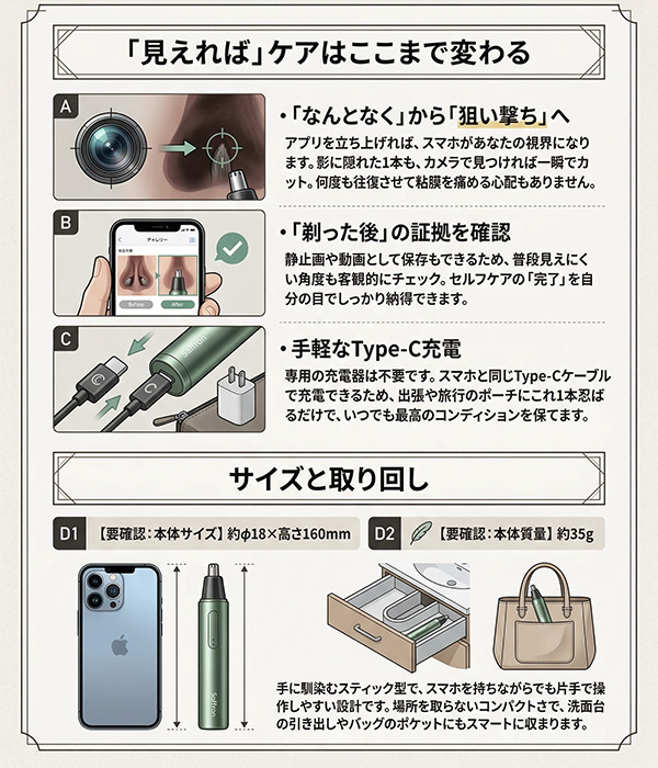 カメラ付き 鼻毛カッター 2本SET スマホ連動 LEDライト 搭載 Type-C
