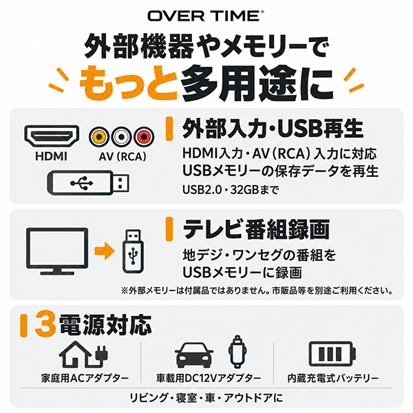 ポータブルテレビ 9インチ フルセグ ワンセグ 3電源 HDMI入力 USB録画